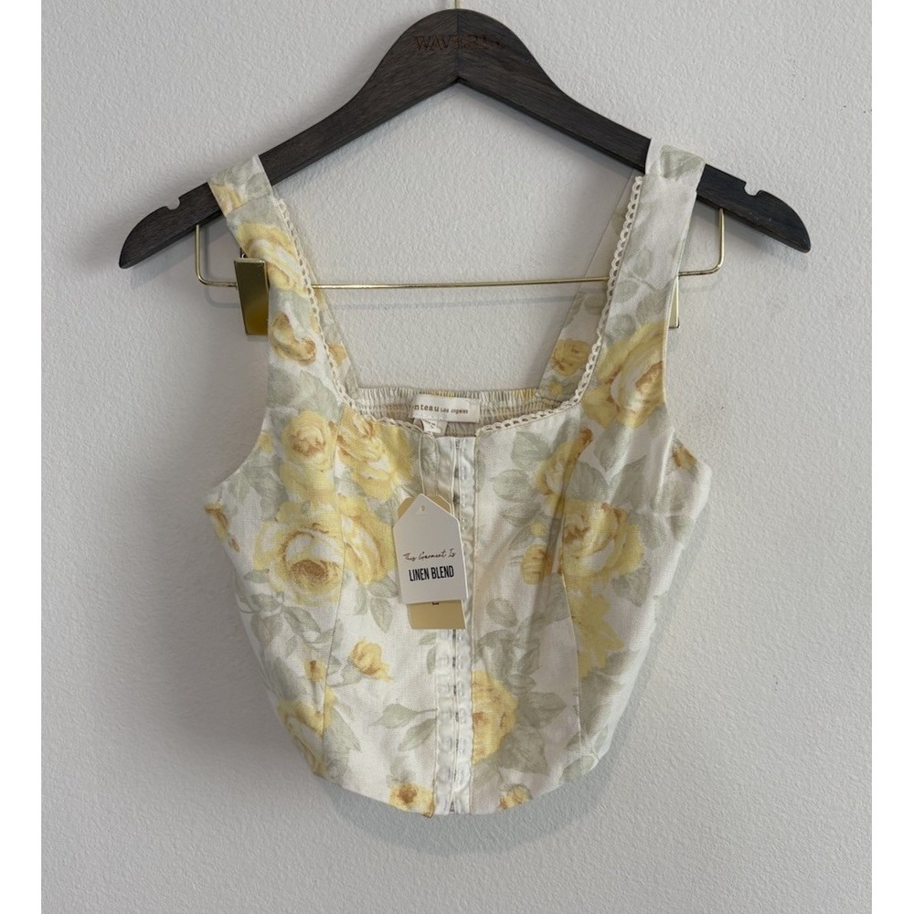Monteau Los Angeles Yellow Linen Floral Lace Corset Style Crop Top Womens Small